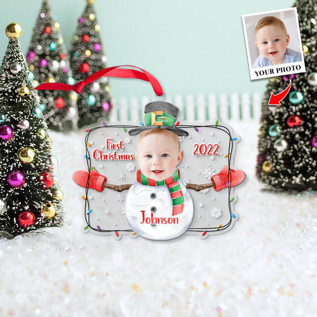 Personalized Name And Photo, Ornament For Baby, Baby's First Christmas, Snowman, Christmas Shape Ornament 2 Sides