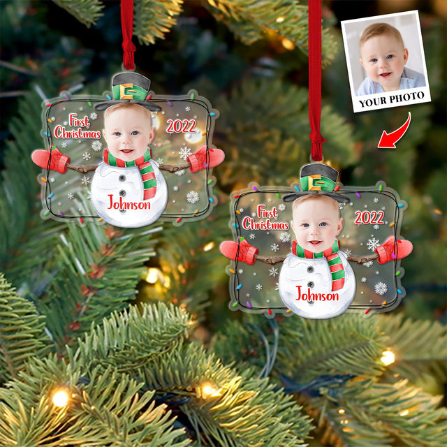 Personalized Name And Photo, Ornament For Baby, Baby's First Christmas, Snowman, Christmas Shape Ornament 2 Sides