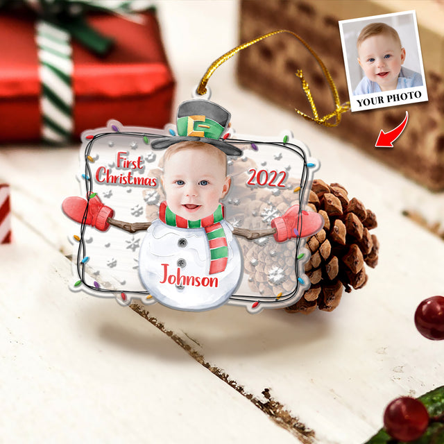 Personalized Name And Photo, Ornament For Baby, Baby's First Christmas, Snowman, Christmas Shape Ornament 2 Sides