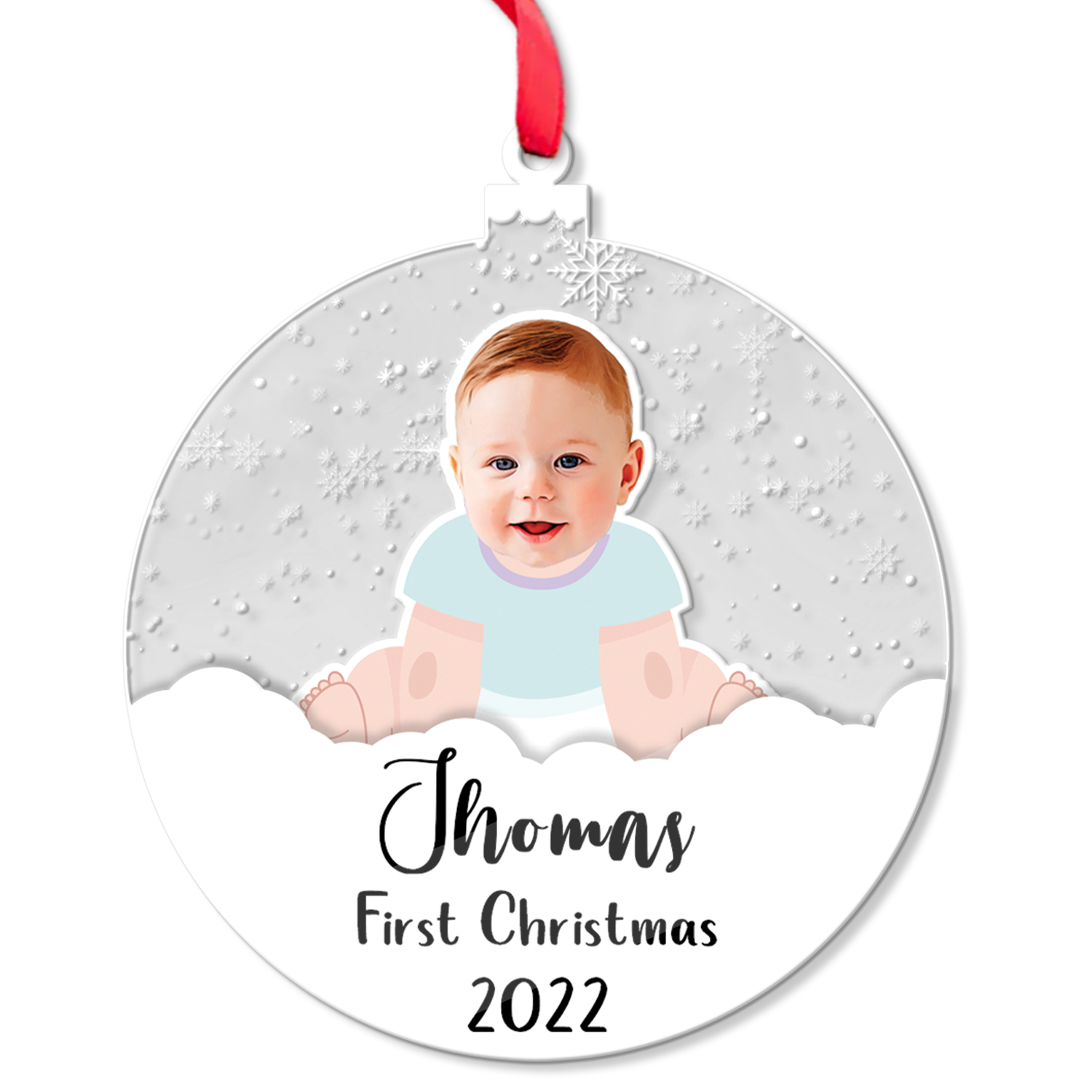 Personalized Name And Photo, Ornament For Baby, Baby's First Christmas, Snowball, Christmas Shape Ornament 2 Sides