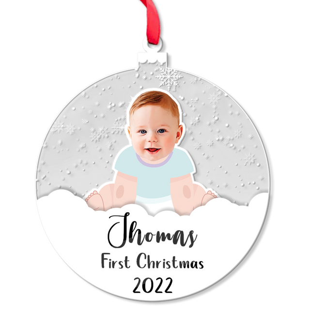 Personalized Name And Photo, Ornament For Baby, Baby's First Christmas, Snowball, Christmas Shape Ornament 2 Sides