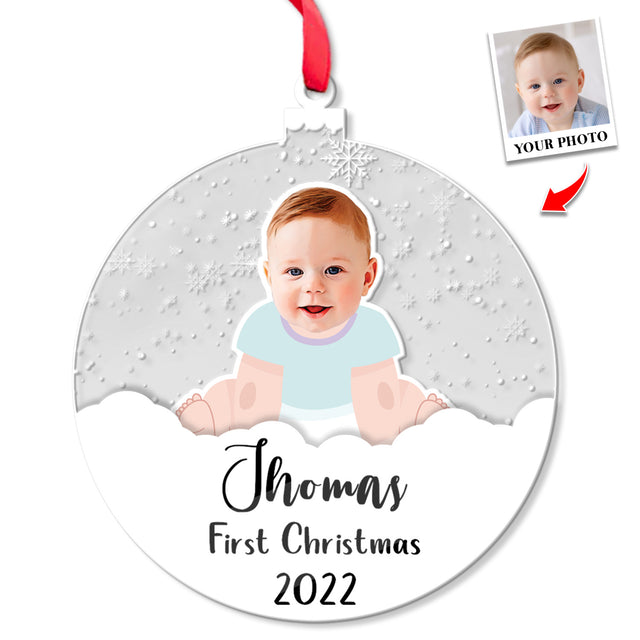 Personalized Name And Photo, Ornament For Baby, Baby's First Christmas, Snowball, Christmas Shape Ornament 2 Sides