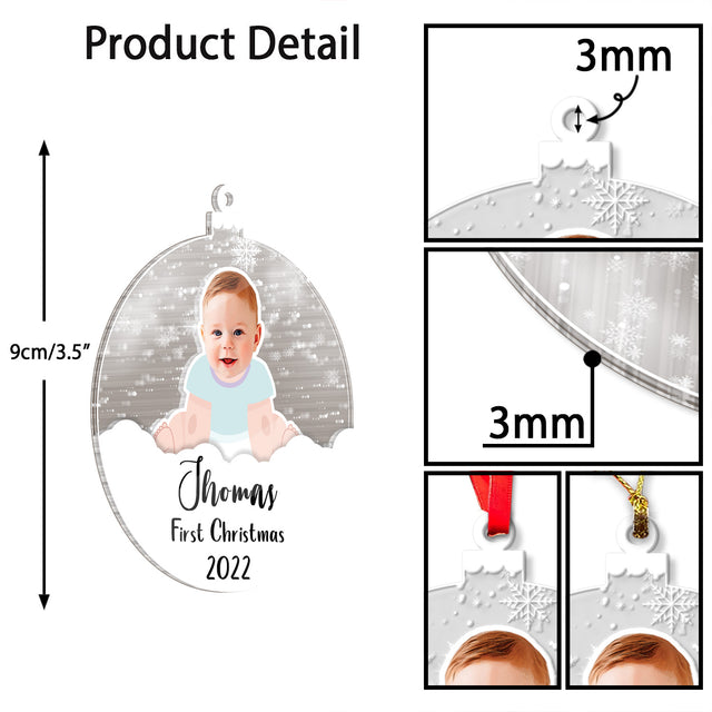 Personalized Name And Photo, Ornament For Baby, Baby's First Christmas, Snowball, Christmas Shape Ornament 2 Sides