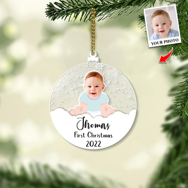 Personalized Name And Photo, Ornament For Baby, Baby's First Christmas, Snowball, Christmas Shape Ornament 2 Sides
