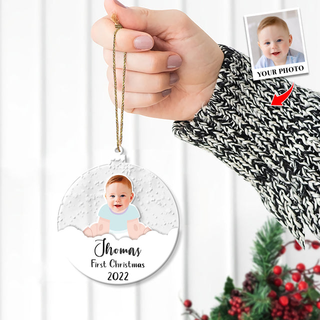 Personalized Name And Photo, Ornament For Baby, Baby's First Christmas, Snowball, Christmas Shape Ornament 2 Sides