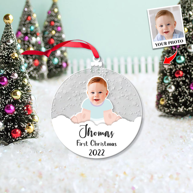 Personalized Name And Photo, Ornament For Baby, Baby's First Christmas, Snowball, Christmas Shape Ornament 2 Sides