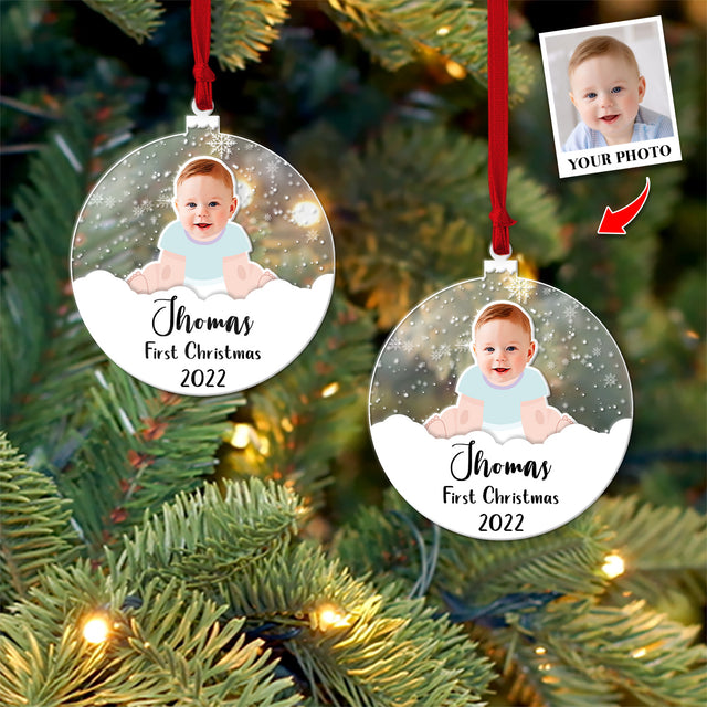 Personalized Name And Photo, Ornament For Baby, Baby's First Christmas, Snowball, Christmas Shape Ornament 2 Sides