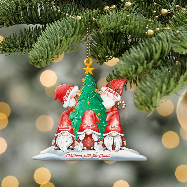 Gnome Christmas Ornament, Custom Family Name, 2 Sided Wooden Tree Ornament, Personalized Name And Text