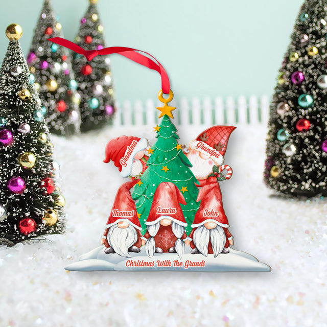 Gnome Christmas Ornament, Custom Family Name, 2 Sided Wooden Tree Ornament, Personalized Name And Text