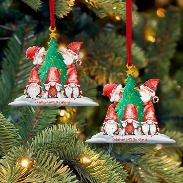 Gnome Christmas Ornament, Custom Family Name, 2 Sided Wooden Tree Ornament, Personalized Name And Text