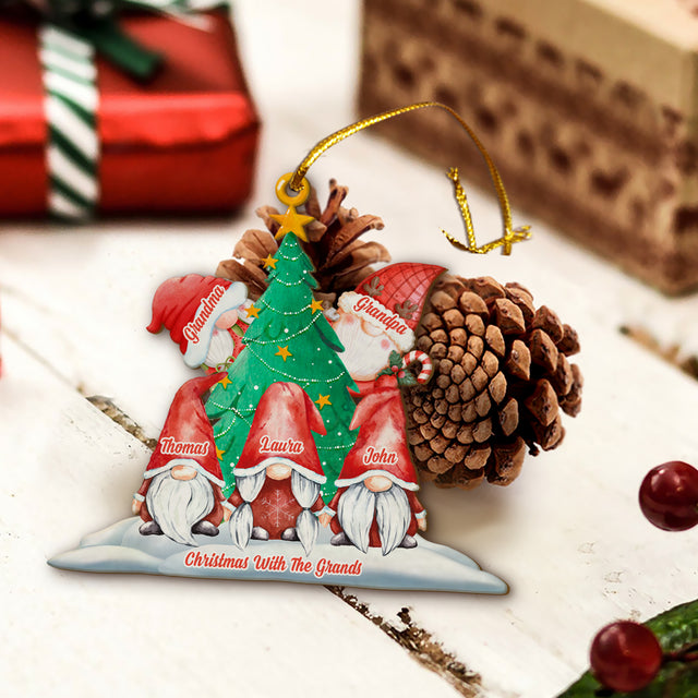 Gnome Christmas Ornament, Custom Family Name, 2 Sided Wooden Tree Ornament, Personalized Name And Text