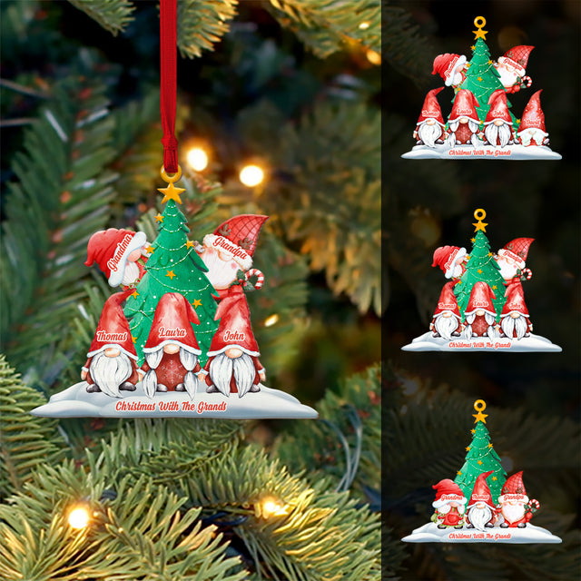 Gnome Christmas Ornament, Custom Family Name, 2 Sided Wooden Tree Ornament, Personalized Name And Text