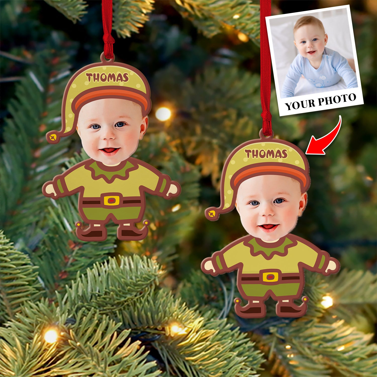 Face From Photo, Ornament For Baby, Goblin Christmas, Personalized Name And Text, Christmas Shape Ornament 2 Sides