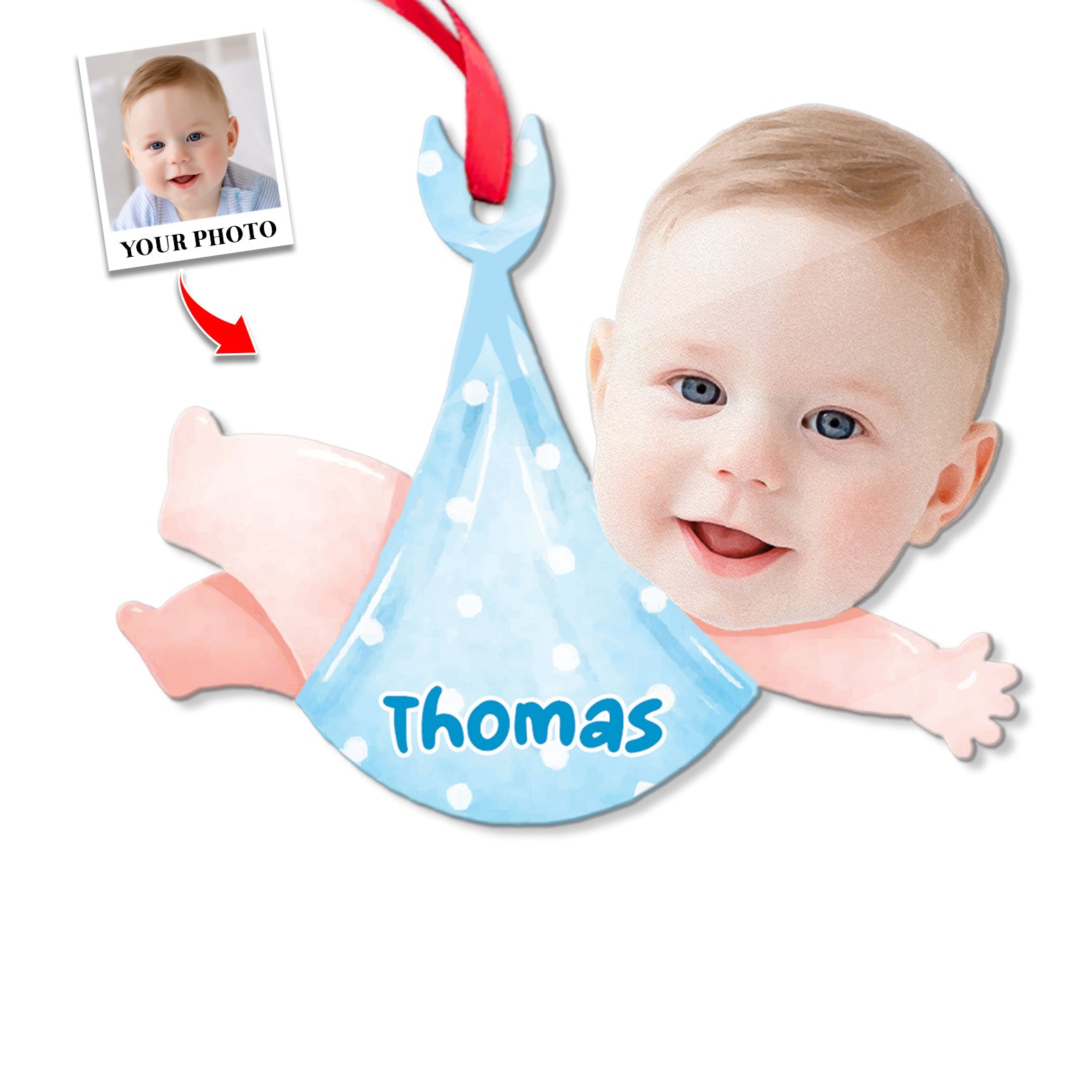 Face From Photo, Ornament For Baby, Christmas Baby Towel, Personalized Name And Text, Christmas Shape Ornament 2 Sides