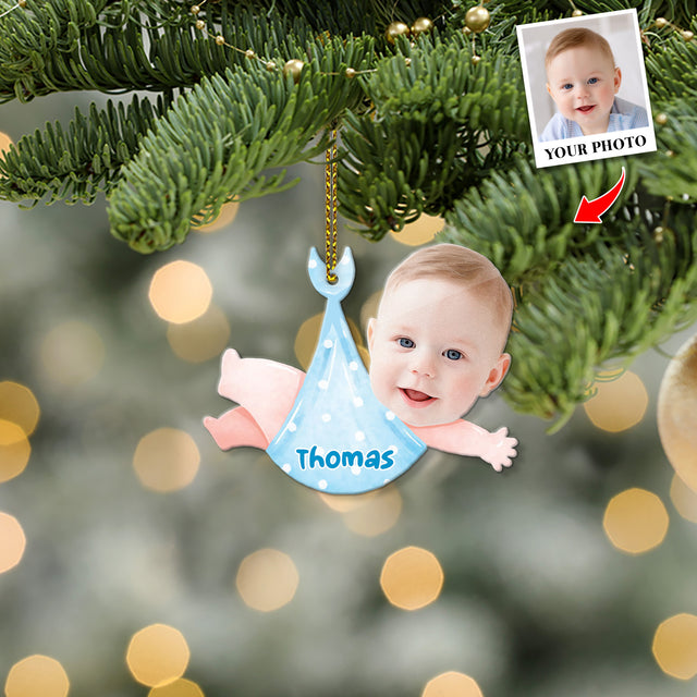 Face From Photo, Ornament For Baby, Christmas Baby Towel, Personalized Name And Text, Christmas Shape Ornament 2 Sides