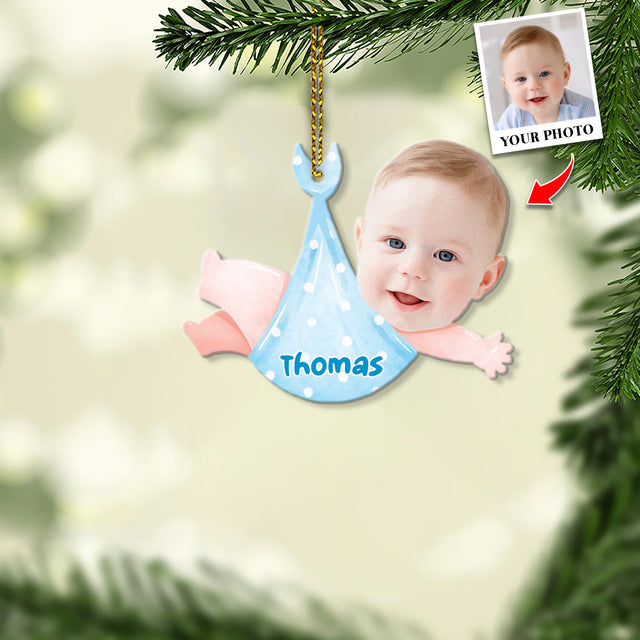 Face From Photo, Ornament For Baby, Christmas Baby Towel, Personalized Name And Text, Christmas Shape Ornament 2 Sides