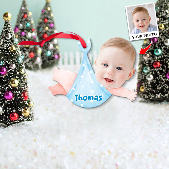 Face From Photo, Ornament For Baby, Christmas Baby Towel, Personalized Name And Text, Christmas Shape Ornament 2 Sides