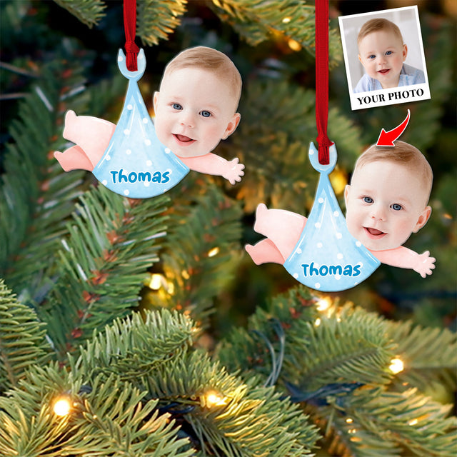 Face From Photo, Ornament For Baby, Christmas Baby Towel, Personalized Name And Text, Christmas Shape Ornament 2 Sides
