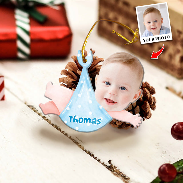 Face From Photo, Ornament For Baby, Christmas Baby Towel, Personalized Name And Text, Christmas Shape Ornament 2 Sides