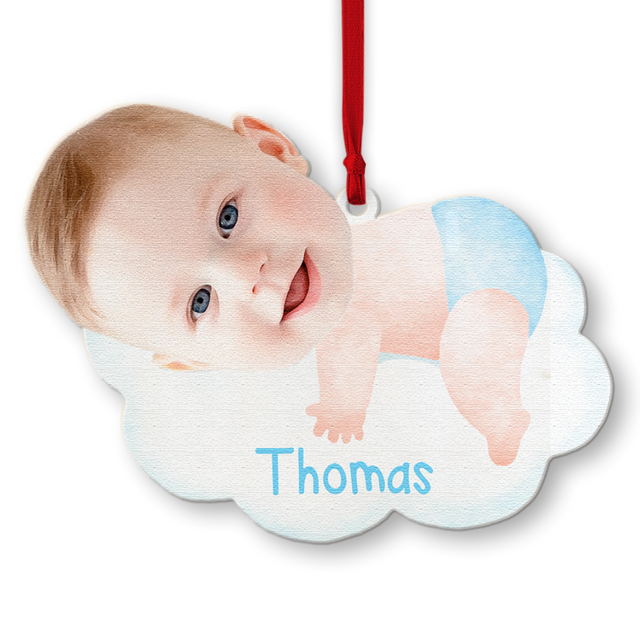 Face From Photo, Ornament For Baby, Hugging Cloud, Personalized Name And Text, Christmas Shape Ornament 2 Sides