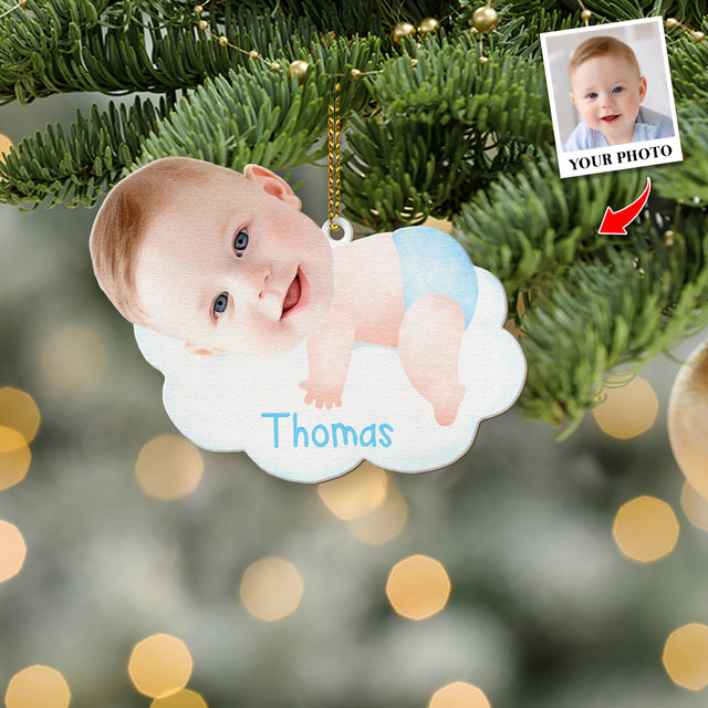 Face From Photo, Ornament For Baby, Hugging Cloud, Personalized Name And Text, Christmas Shape Ornament 2 Sides