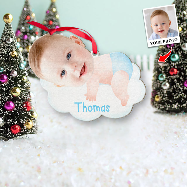 Face From Photo, Ornament For Baby, Hugging Cloud, Personalized Name And Text, Christmas Shape Ornament 2 Sides