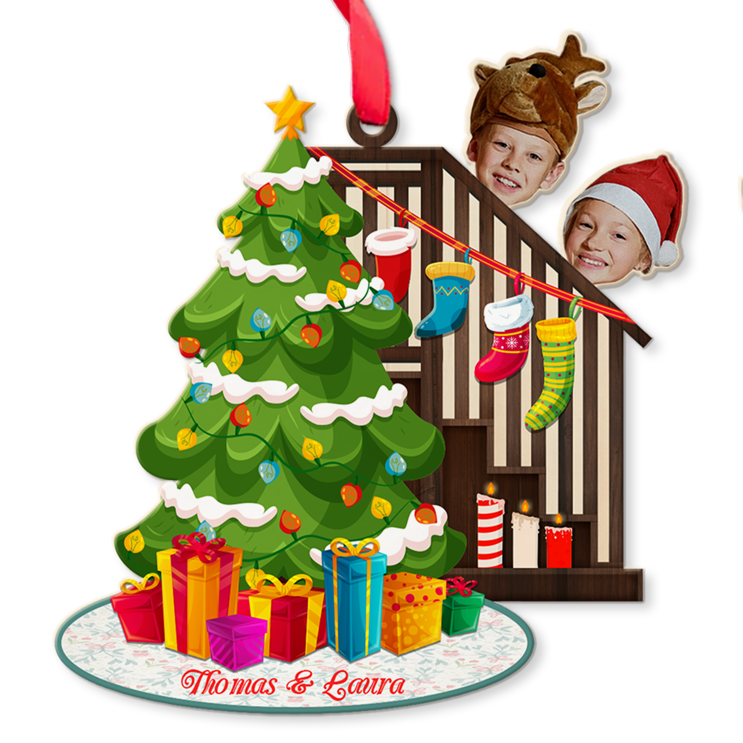 Personalized Name And Text, Face From Photo, Christmas Stair, Christmas Shape Ornament 2 Sides