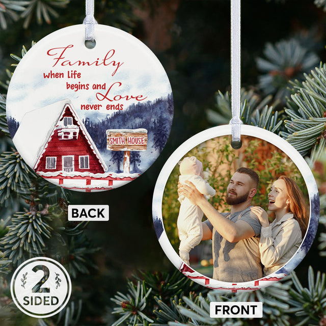 Family When Life Begins And Love Never Ends, Custom Photo And Text Decorative Christmas Circle Ornament 2 Sided