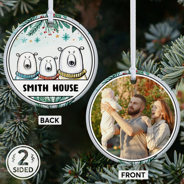 Family Bear, Custom Photo And Text Decorative Christmas Circle Ornament 2 Sided