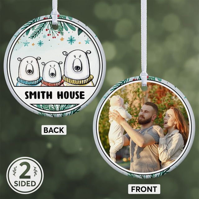 Family Bear, Custom Photo And Text Decorative Christmas Circle Ornament 2 Sided