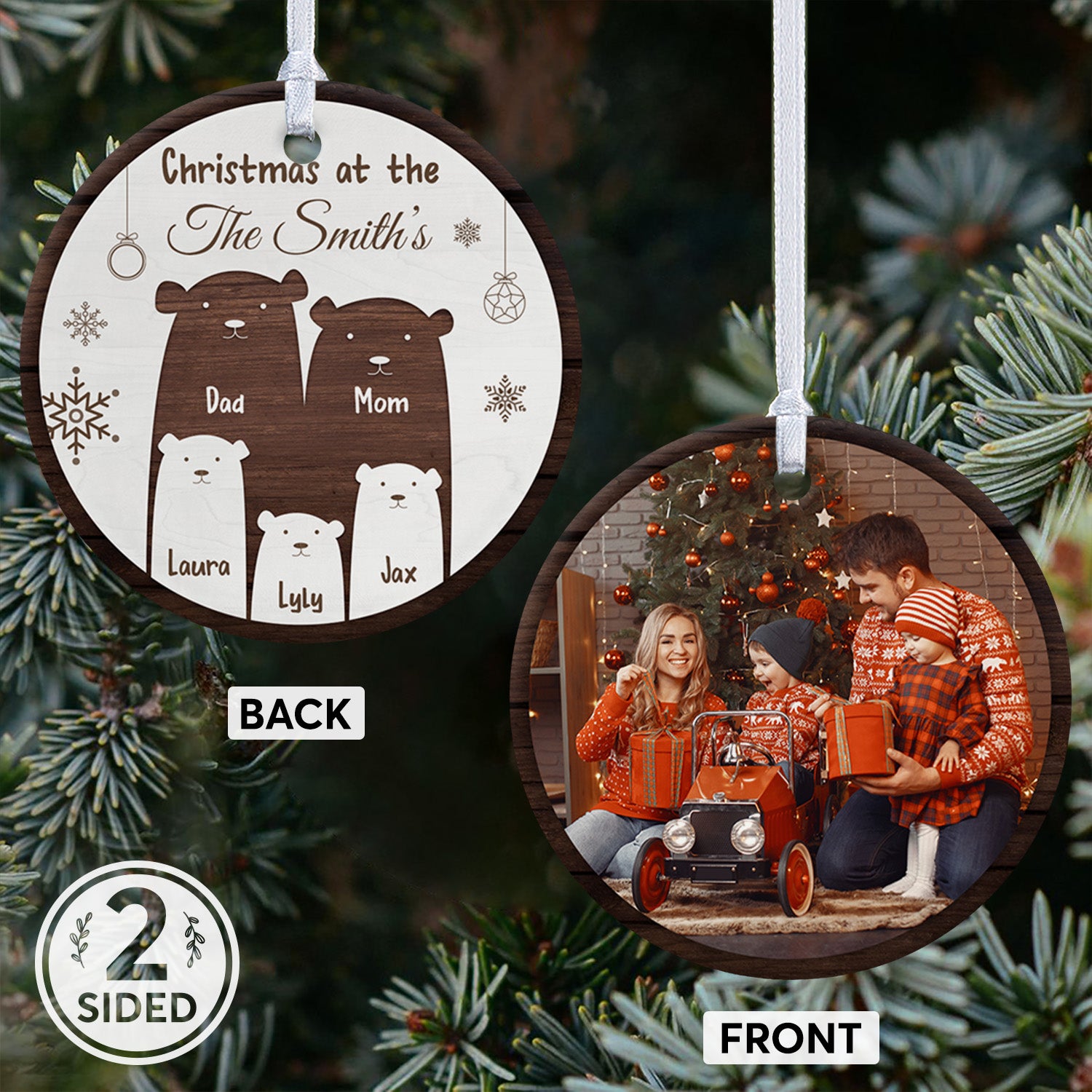 Custom Photo, Family Name, Christmas Bears, Date And Text Decorative Christmas Circle Ornament 2 Sided