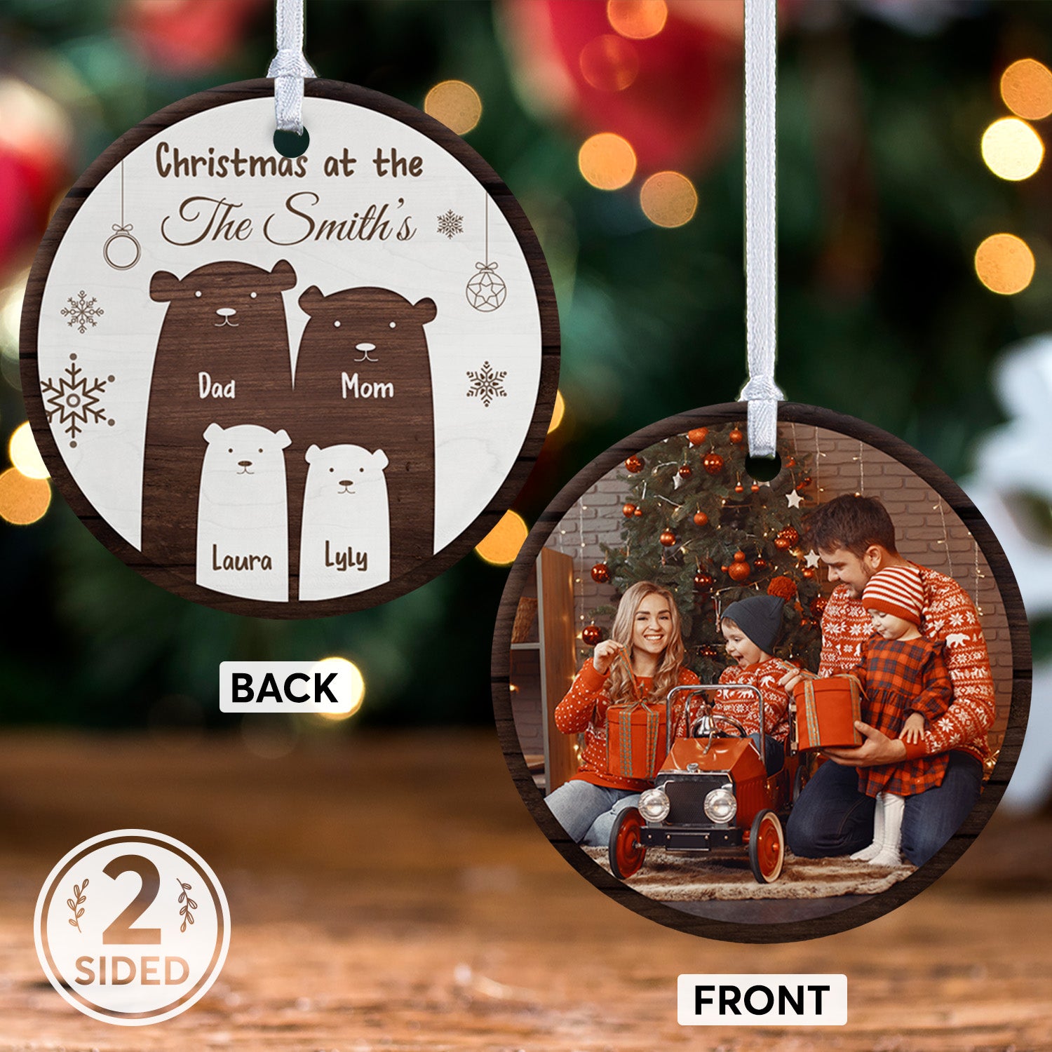 Custom Photo, Family Name, Christmas Bears, Date And Text Decorative Christmas Circle Ornament 2 Sided