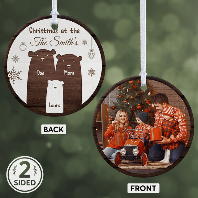 Custom Photo, Family Name, Christmas Bears, Date And Text Decorative Christmas Circle Ornament 2 Sided