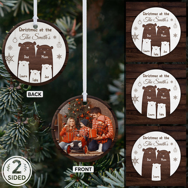 Custom Photo, Family Name, Christmas Bears, Date And Text Decorative Christmas Circle Ornament 2 Sided