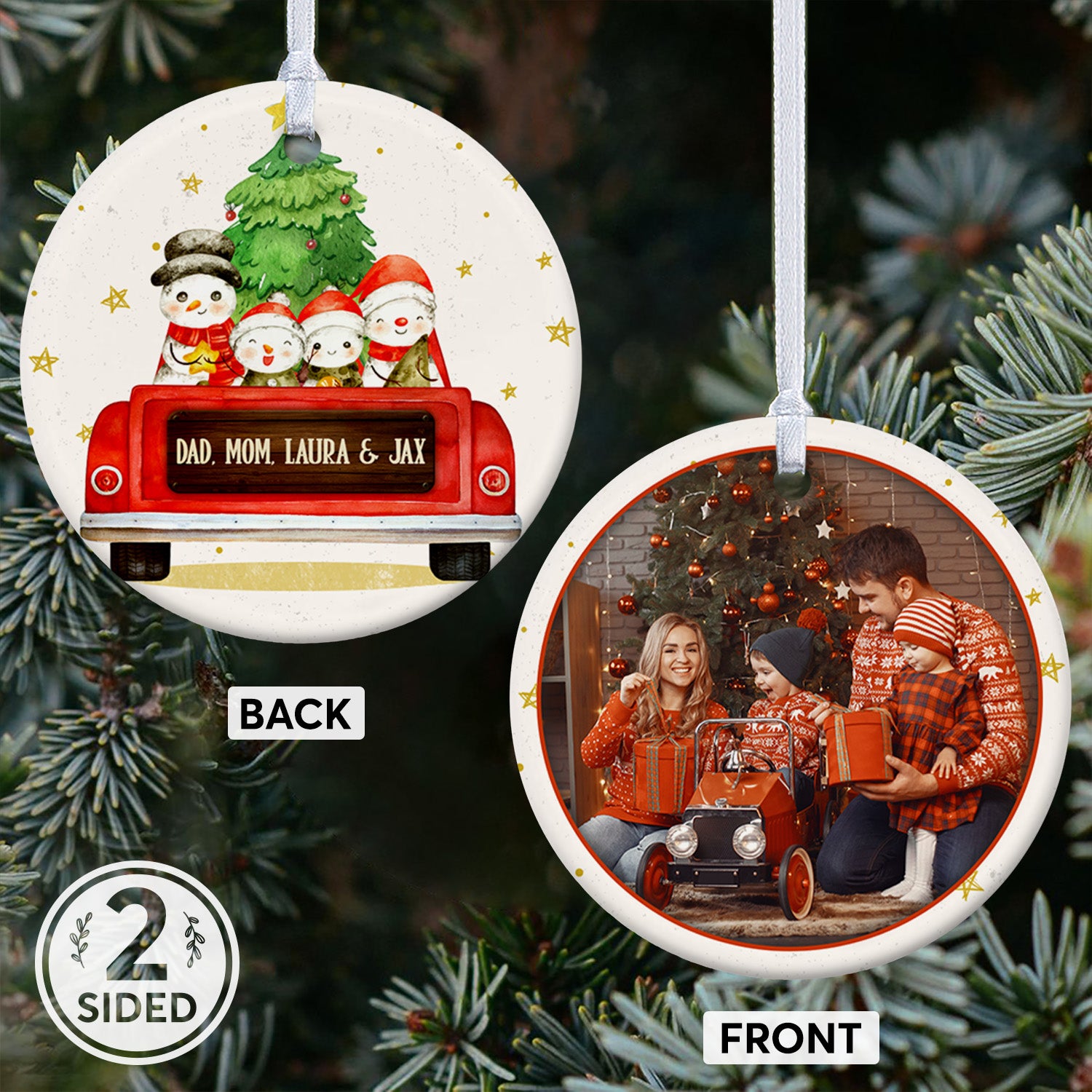 Custom Photo, Family Name, Christmas Snowmans In Car, Text Decorative Christmas Circle Ornament 2 Sided