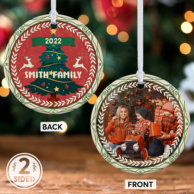 Christmas Ornaments, Custom Photo, Family Name, Christmas Tree, Date & Text Decorative Christmas Circle Ornament 2 Sided