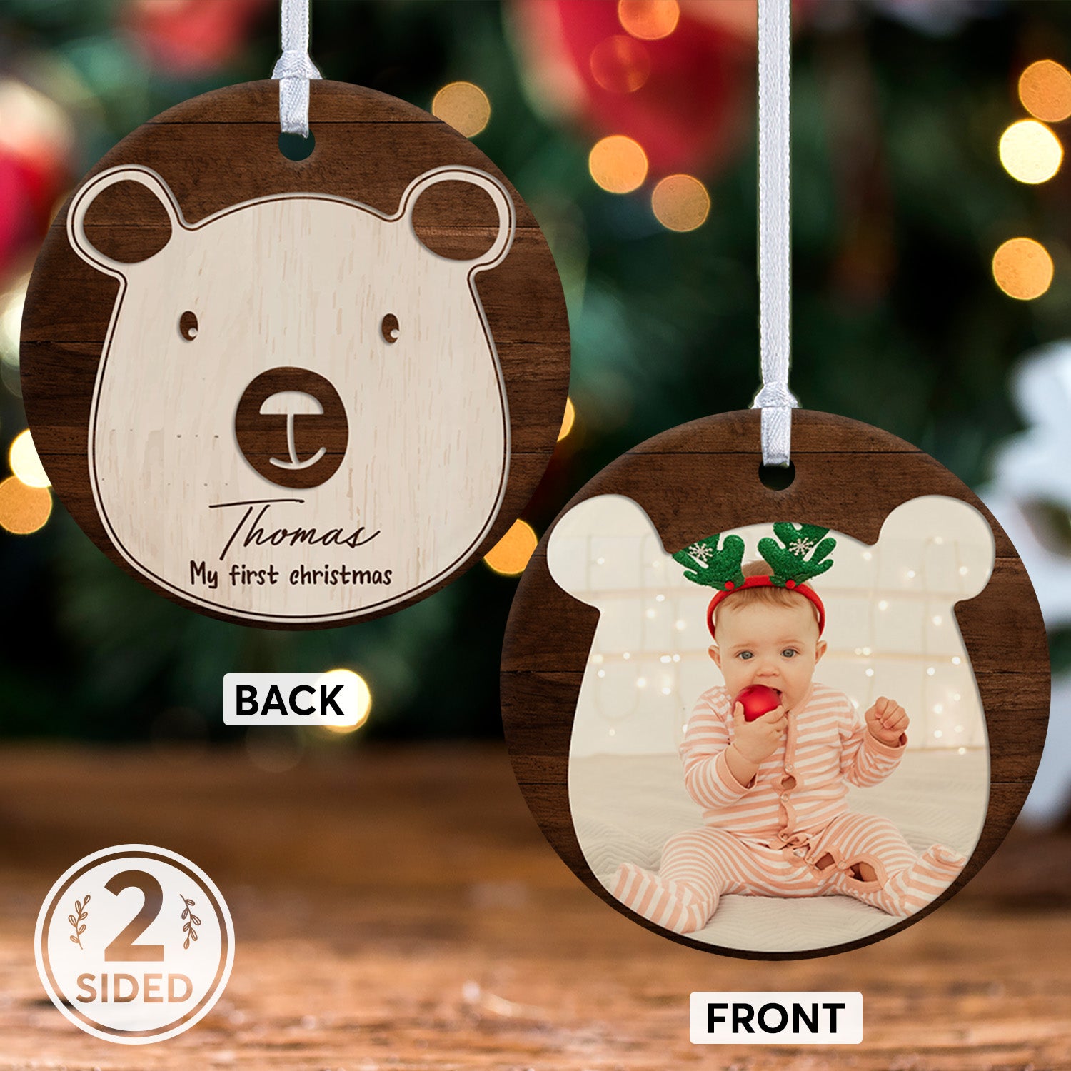Christmas Ornaments, Custom Photo, Family Name, Christmas Bear, My First Christmas, Date & Text Decorative Christmas Circle Ornament 2 Sided