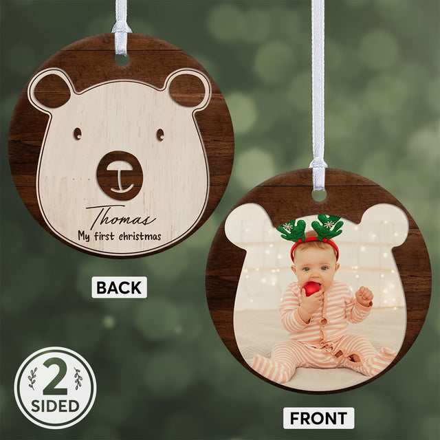 Christmas Ornaments, Custom Photo, Family Name, Christmas Bear, My First Christmas, Date & Text Decorative Christmas Circle Ornament 2 Sided