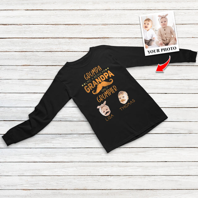 Custom Portrait From Photo, Grandpa Shirt With Grandkid's Name, Kids With Beards, Grumpa Like A Regular Grandpa Only Grumpier, Personalized Name And Text, Tshirt