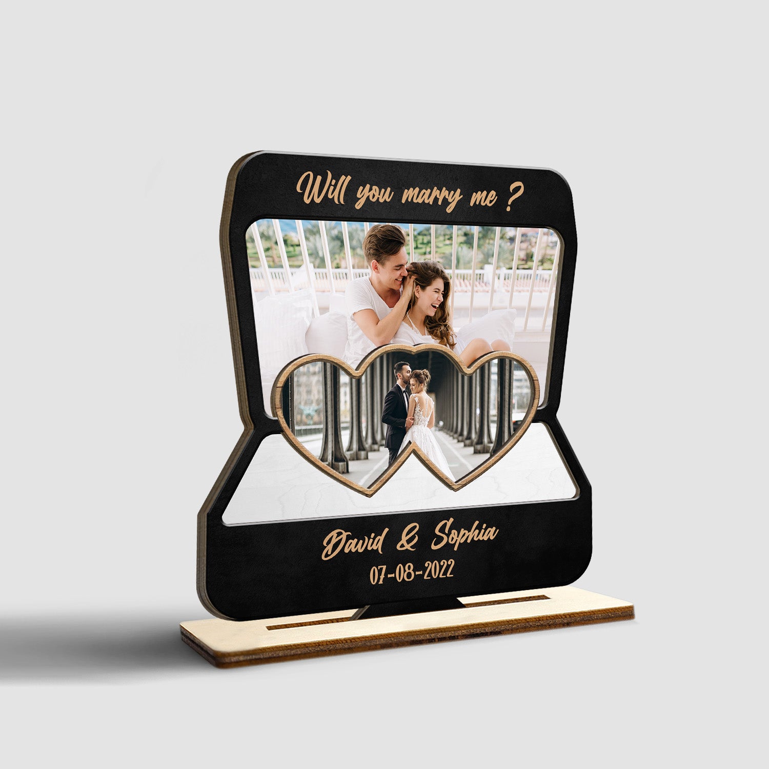 Custom Photo, Name And Date, Heart Shape, Wooden Plaque 3 Layers