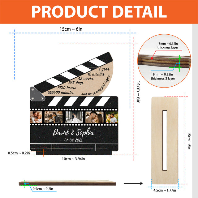 Custom Photo, Clapper Board Shape, Personalized Name, Date And Text, Wooden Plaque 3 Layers