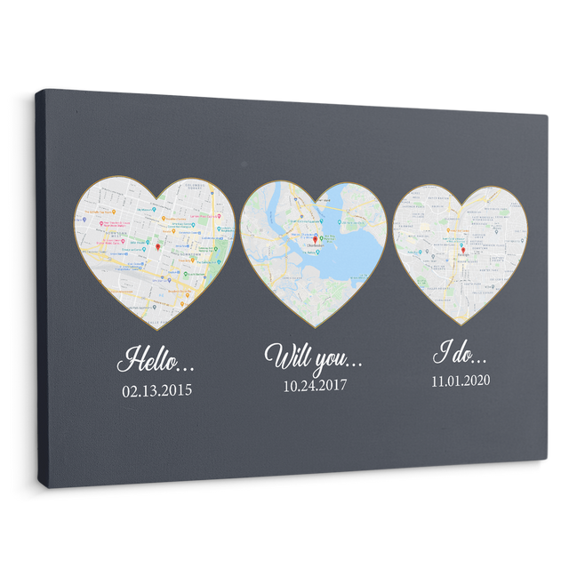Our Love Story We Met She Said Yes We Said I Do Custom Map Print Navy Background Canvas