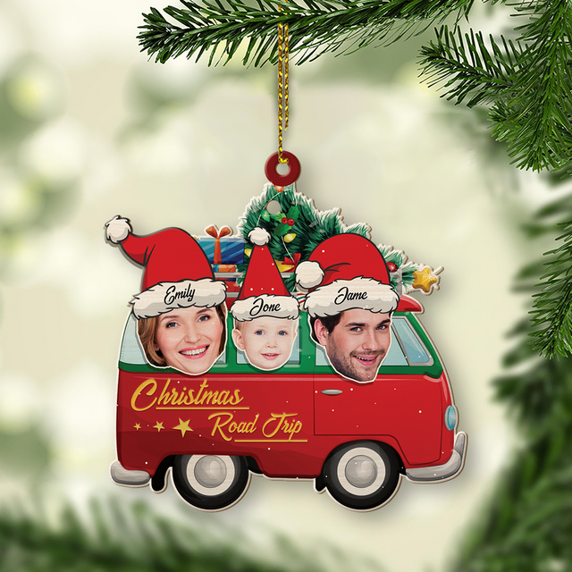 Face From Photo, Family Name, Christmas Camping Bus, Christmas Shape Ornament 2 Sides