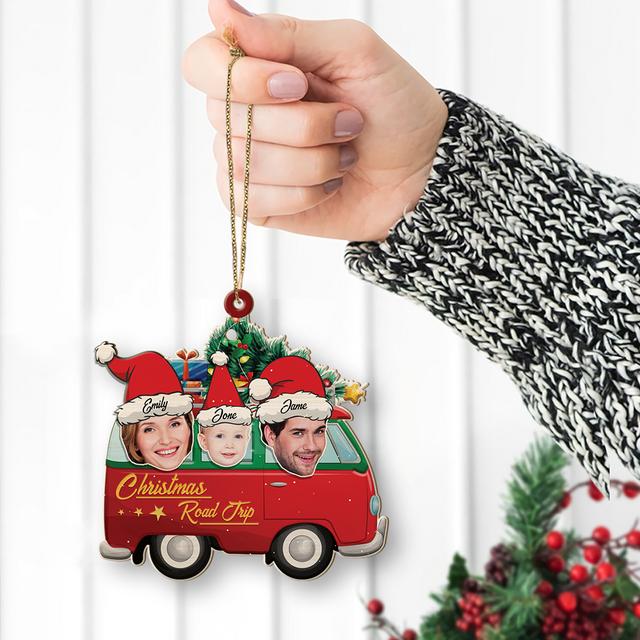 Face From Photo, Family Name, Christmas Camping Bus, Christmas Shape Ornament 2 Sides