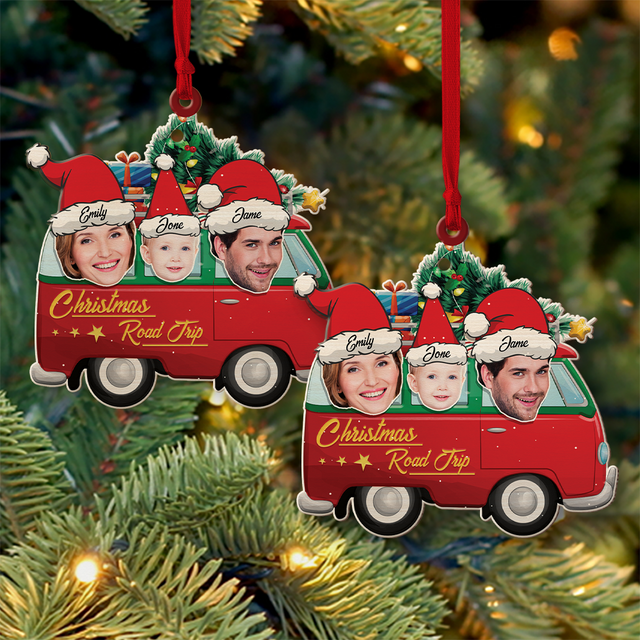 Face From Photo, Family Name, Christmas Camping Bus, Christmas Shape Ornament 2 Sides