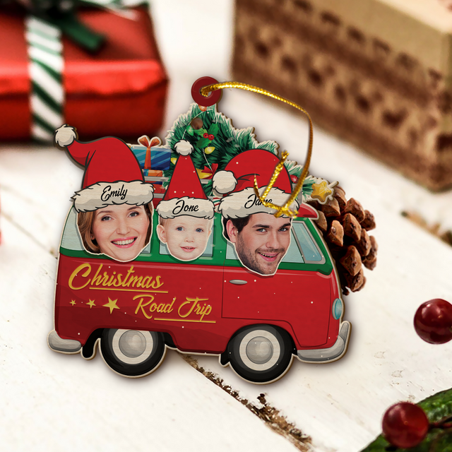 Face From Photo, Family Name, Christmas Camping Bus, Christmas Shape Ornament 2 Sides