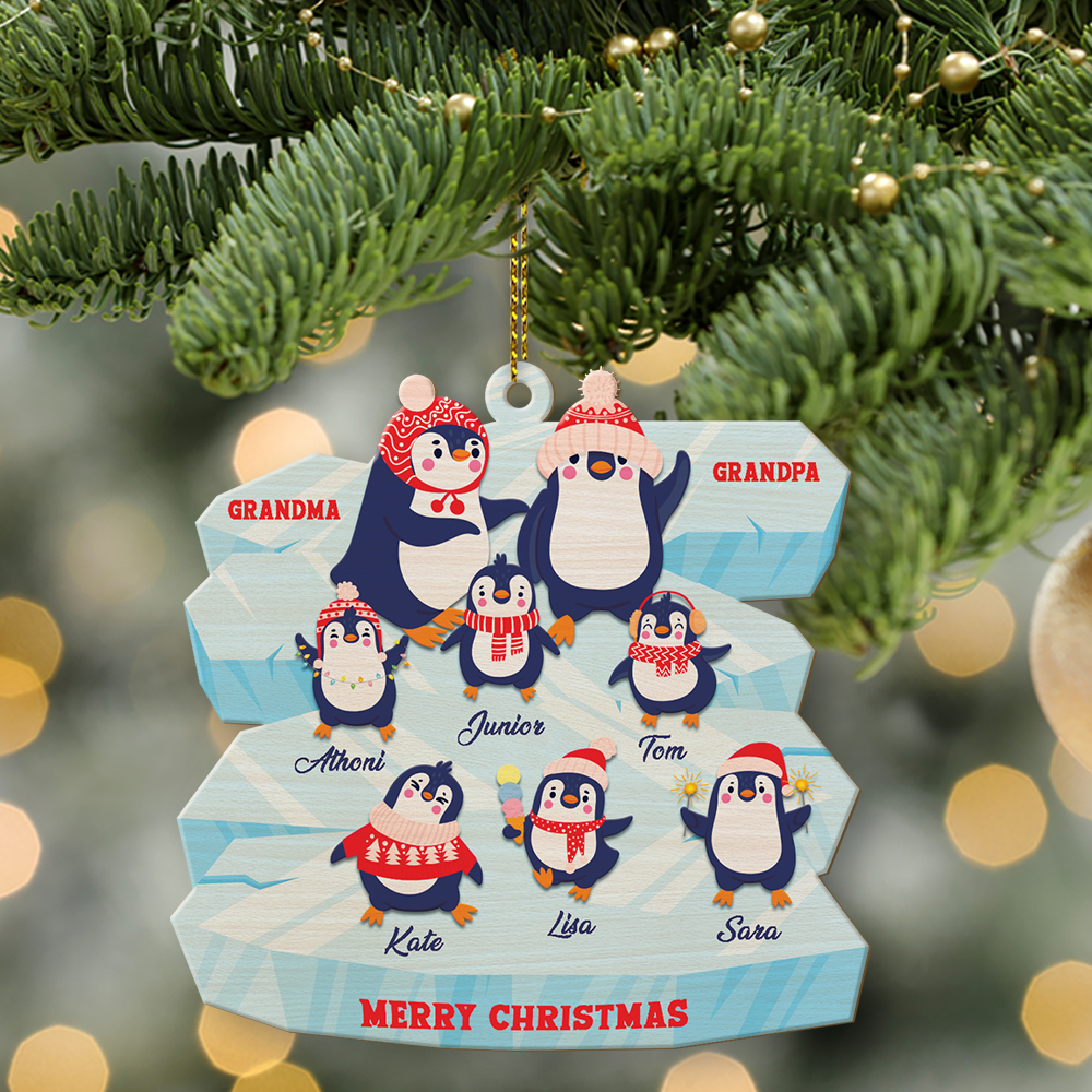 Family Name, Christmas Penguins, Grandpa & Grandma, Christmas Shape Ornament 2 Sides