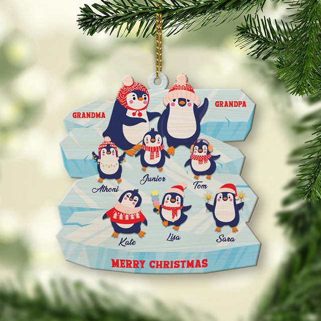 Family Name, Christmas Penguins, Grandpa & Grandma, Christmas Shape Ornament 2 Sides