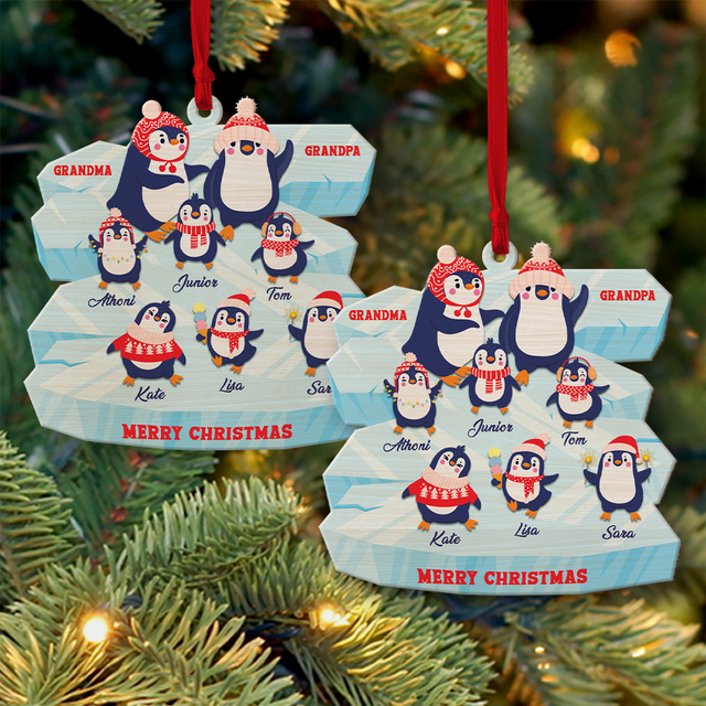 Family Name, Christmas Penguins, Grandpa & Grandma, Christmas Shape Ornament 2 Sides