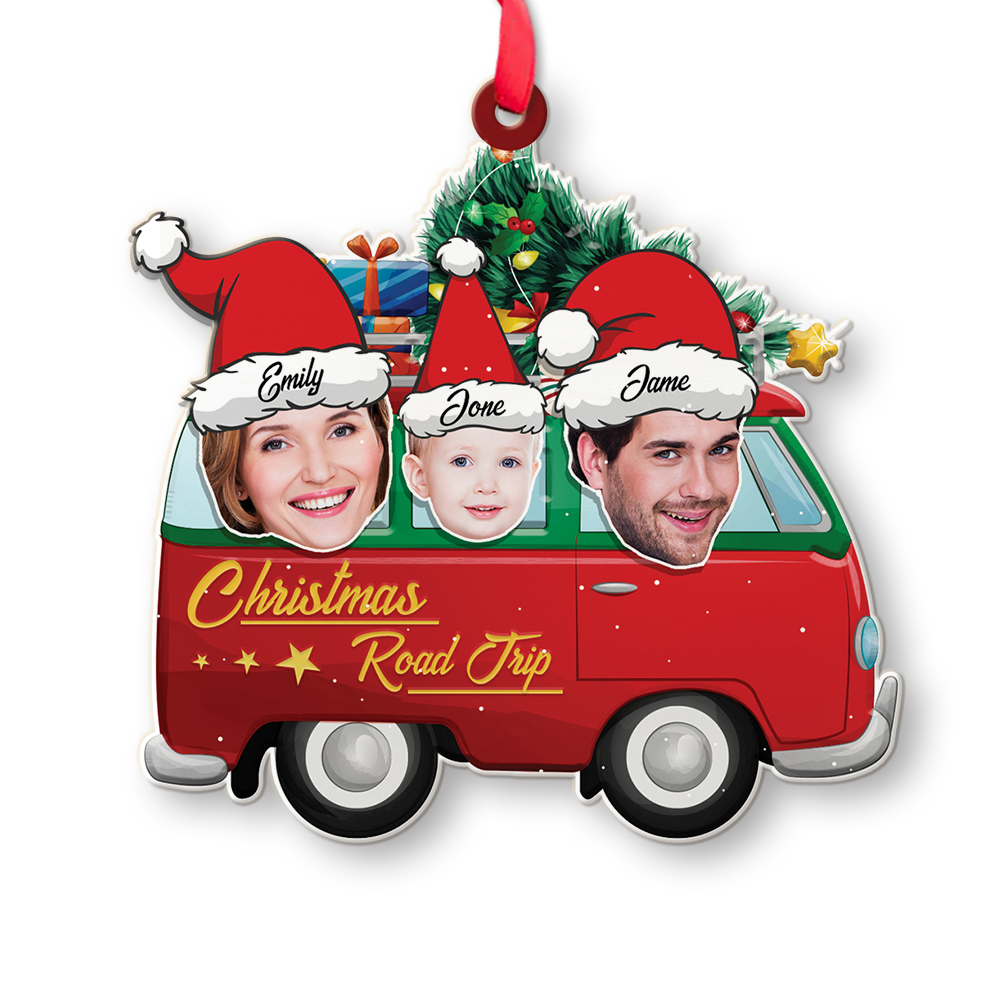 Face From Photo, Family Name, Christmas Camping Bus, Christmas Shape Ornament 2 Sides